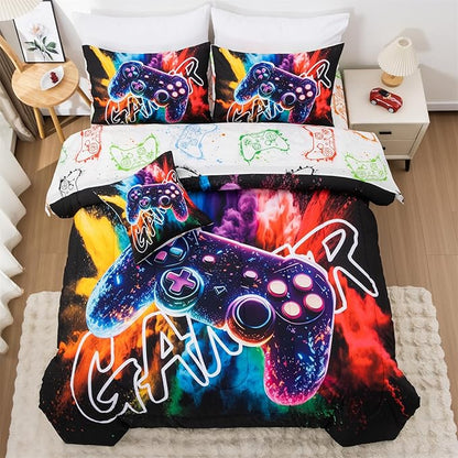 Aimuan Gamer Gaming Bedding Sets 3D Gamepad Comforter Sets for Boys Games Console Action Buttons Novelty Colorful Game Controller Modern Room Decor Home Quilt Set (Black-Purple, Full 6PCS)