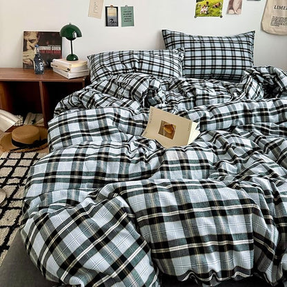 MKXI King Buffalo Plaid Duvet Cover - Washed Cotton Farmhouse Bedding Set, Lightweight Breathable Reversible Comforter Cover, Gray Black Yellow Checkered