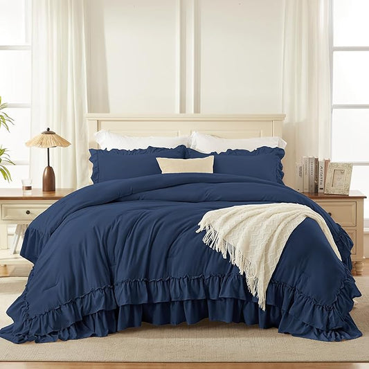 Andency Navy Blue Full Size Comforter Set (79x90Inch), 3 Pieces Farmhouse Shabby Chic Ruffle Bedding Comforter Sets, All Season Soft Lightweight Polyester Bed Set