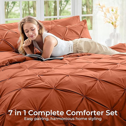 Sasttie California King Comforter Set, 7-Piece Bed in a Bag, Pintuck Bedding Sets for All Season, Includes Comforter, Flat Sheet, Fitted Sheet, Pillowcases and Pillowshams, Burnt Orange