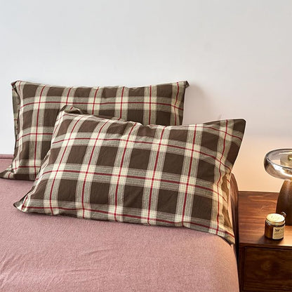 EAVD Vintage Brown Buffalo Plaid Comforter Set King Soft 100% Washed Cotton Brown&Red&Green Grid Checkered Bedding Set with 2 Pillowcases Retro Gingham Comforter Set for All-Season