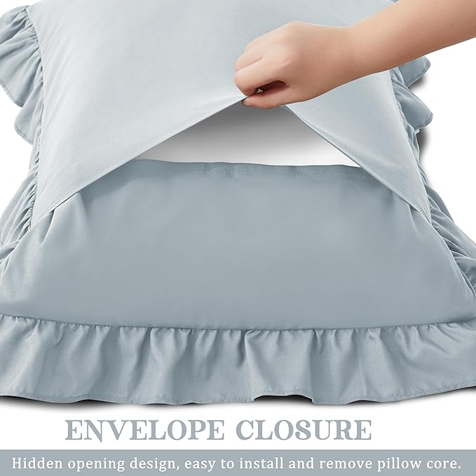 KKJIAF Ruffle Pillow Cases Queen Size Set of 2, Ruffled Pillow Covers with Envelope Closure, Wrinkle Resistant Ruffled Pillow Shams 20" x 30", Dusty Blue