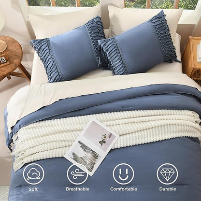Andency Comforter King Size Set Bluish Grey, 3 Pieces Boho Tassel Lightweight Fluffy Bedding Comforters & Sets, Soft All Season Bed Set (104x90In Comforter & 2 Pillowcases)