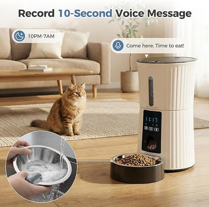 DUMOS 4L Automatic Cat Feeder, Dog Food Dispenser with APP Control, White | 2.4G WiFi, 10s Voice Recorder, Dual Power, Desiccant Bag, Stainless Steel Bowl, Programmable Feeder for Small Cats and Dogs