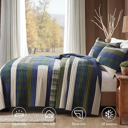 Woolrich Spruce Hill Reversible Quilt Set - Cottage Styling Reversed to Solid Color, All Season Lightweight Coverlet, Cozy Bedding Layer, Matching Shams, Oversized Full/Queen, Stripes Green 3 Piece