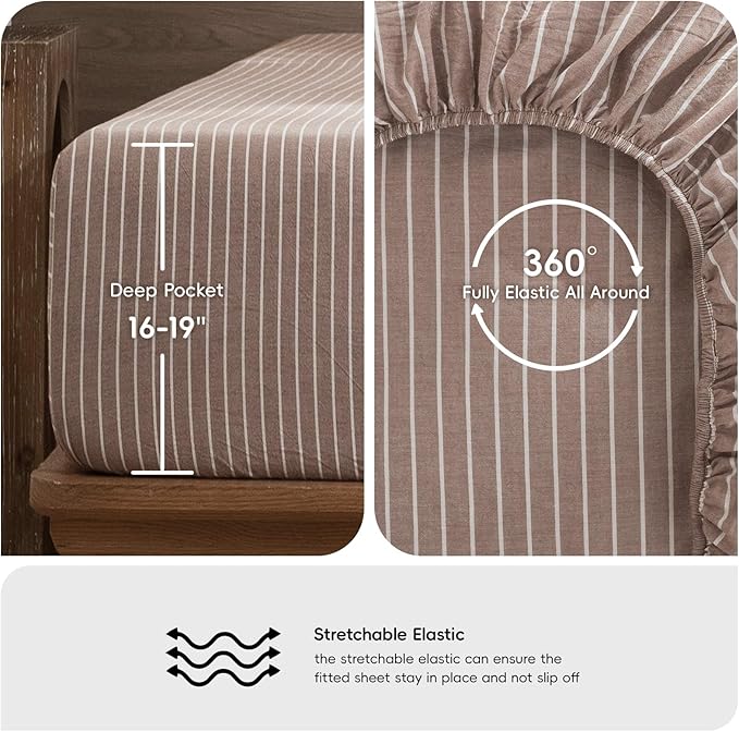 MooMee Stripes Fitted Bottom Sheet Only 100% Washed Cotton Linen Like Textured Breathable Durable Soft Comfy Deep Pocket (Orange White Wide Stripes, King)