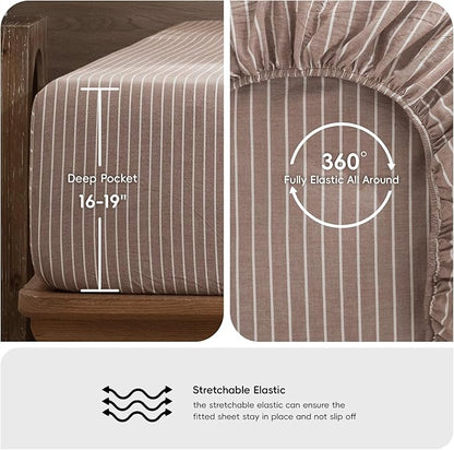 MooMee Stripes Fitted Bottom Sheet Only 100% Washed Cotton Linen Like Textured Breathable Durable Soft Comfy Deep Pocket (Orange White Wide Stripes, King)