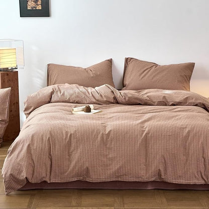 Gingham Queen Duvet Cover Blush Pink Washed Cotton Comforter Covers Queen Size Plaid Checkered Pattern Boho Duvet Cover Set with Hidden Zipper Cozy Vintage Bedding Set for Girls Duvet Protector
