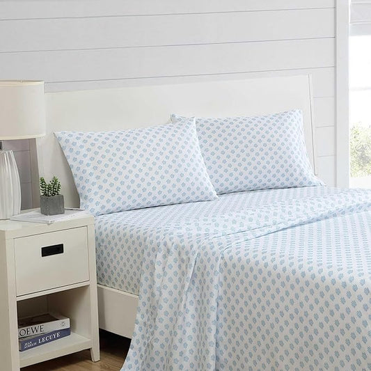 Nautica - Sheet Set, Breathable & Cooling Microfiber Bedding with Matching Pillowcase, Deep Pocket, Fully Elasticized (Coastal Coral Ocean Breeze Blue, Twin XL)