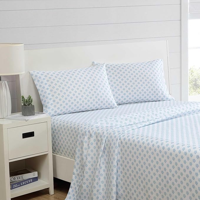 Nautica - Sheet Set, Breathable & Cooling Microfiber Bedding with Matching Pillowcase, Deep Pocket, Fully Elasticized (Coastal Coral Ocean Breeze Blue, Twin)
