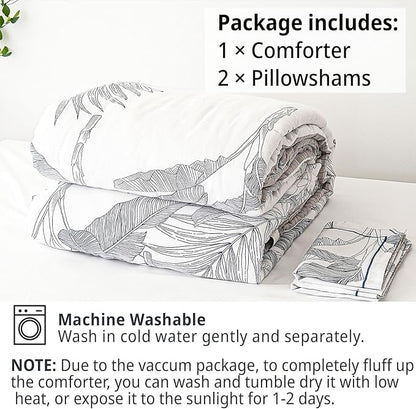 Botanical Cotton Comforter King Size - White Comforter with Delicate Black Leaves Patterns,Grey Reversible Lightweight Bedding Sets 3Pcs(Stripes)