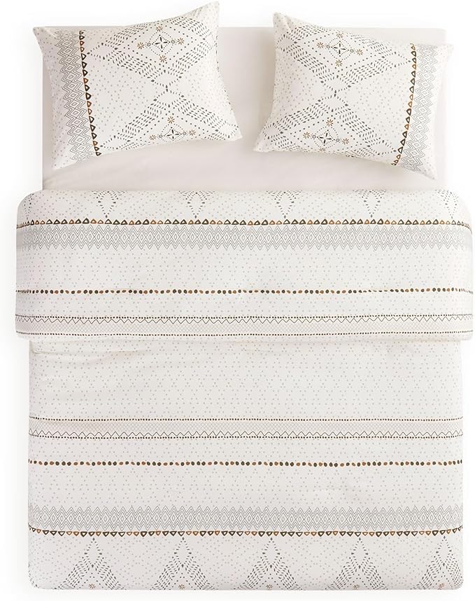 Wake In Cloud - Boho Comforter Set, Farmhouse Bohemian Western Aztec Neutral Aesthetic, Soft Lightweight Bedding, 3 Pieces, Beige, Queen Size