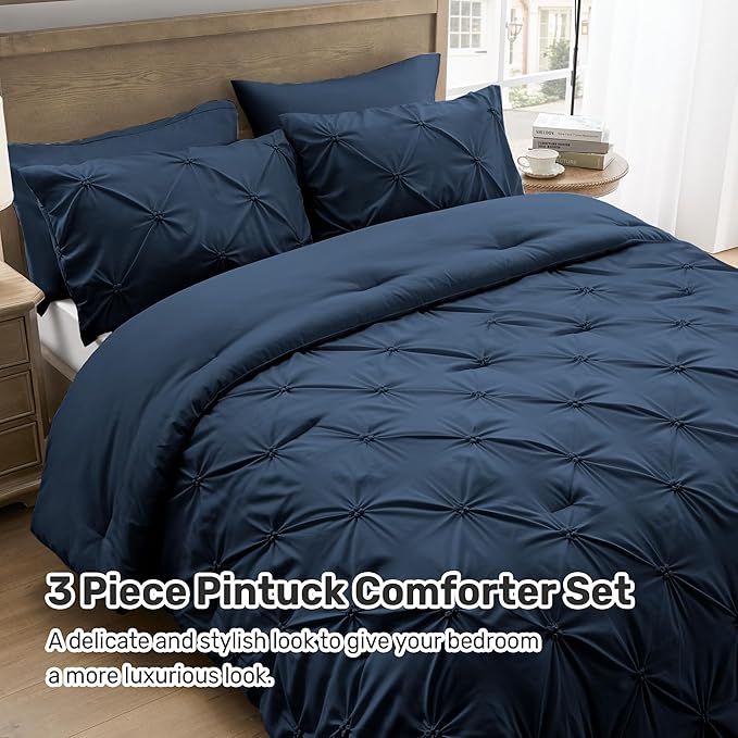UNIKOME King Size Comforter Set Navy/Royal Blue - Ultra Soft Pintuck Down Alternative Bedding Set for All Seasons, 3 Pieces Lightweight Warm Pinch Pleat Bed Set with Comforter, 2 Pillowcases