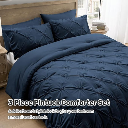 UNIKOME King Size Comforter Set Navy/Royal Blue - Ultra Soft Pintuck Down Alternative Bedding Set for All Seasons, 3 Pieces Lightweight Warm Pinch Pleat Bed Set with Comforter, 2 Pillowcases