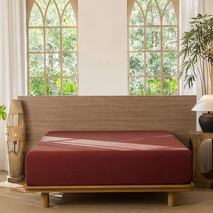 MooMee Fitted Bottom Sheet Only 100% Washed Cotton Linen Like Textured Breathable Durable Soft Comfy Deep Pocket Fits Mattress up to 17" (Solid Fired Brick Red, Twin)
