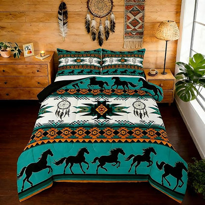 Feelyou Boho Comforter Set King Size Southwestern Native Aztec Comforter Bohemian Dream Catchers Bedding Set Horses Duvet Set Room Decor Azure Quilt Set