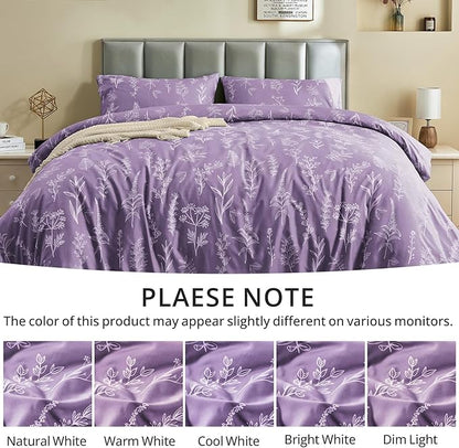 MUXHOMO Duvet Cover Full Size, Reversible Floral Grayish Purple Duvet Cover Set with Zipper Closure, 3 Pieces Botanical Patterns Soft Microfiber Bedding Set with 4 Ties (80"x90", 2 Pillow Cases)