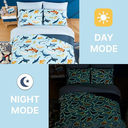 Full Size Comforter Set for Boys-7 Pieces Ocean Animals Glow in the Dark Full Bedding Sets for Kids, Ultra Soft Bed in A Bag with Sheets