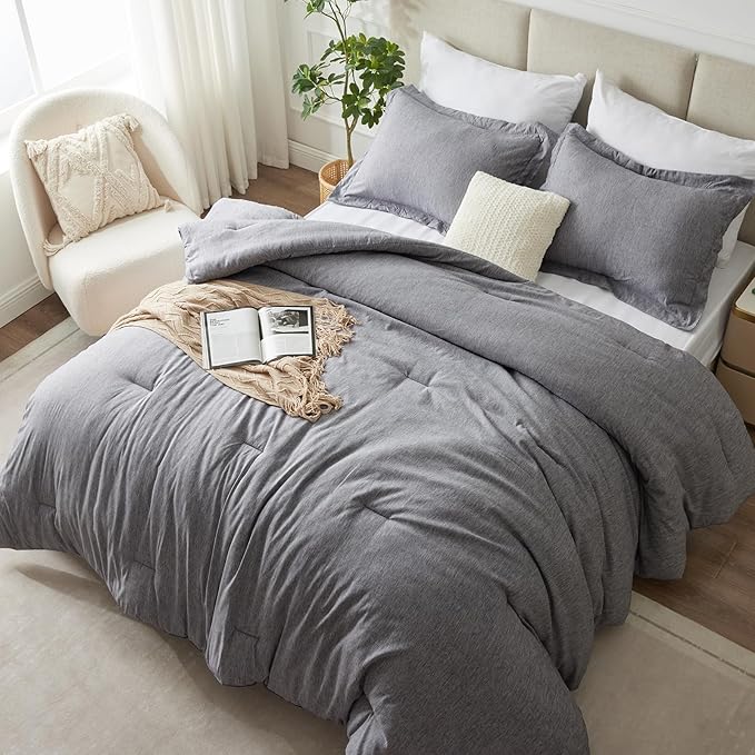 CozyLux Oversized King Comforter Set, 3 Pieces 120x98 Grey Soft Luxury Cationic Dyeing Bedding Set All Season, Gray Breathable Lightweight Bed Sets with 1 Down Alternative Comforter and 2 Pillow Shams