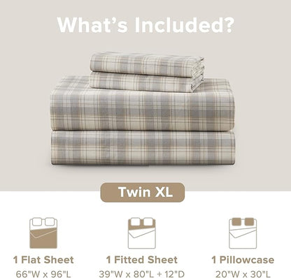 Comfort Spaces 100% Cotton Sheets Twin XL, Breathable, Naturally Cool Cotton Sheets, Soft Cotton Bed Sheets with 12" Elastic Pocket Fits up to 14" Mattress, All Seasons Sheet Set, Wesley Taupe 3 Piece
