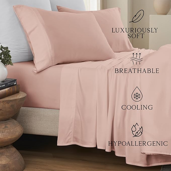 KARISSA MAE Cooling Bamboo Viscose Cal King Sheet Set | 100% FSC Certified | 18” Deep Pocket | Silky, Soft, & Hypoallergenic | with Organizer Band & Elastic Corner Straps [Dusty Rose]