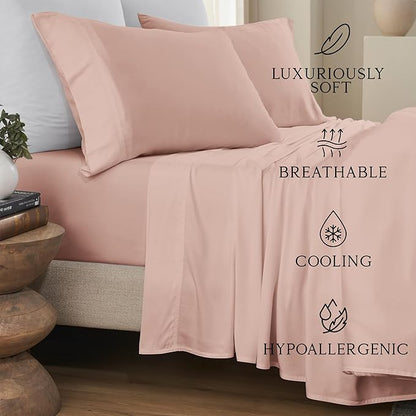 KARISSA MAE Cooling Bamboo Viscose Cal King Sheet Set | 100% FSC Certified | 18” Deep Pocket | Silky, Soft, & Hypoallergenic | with Organizer Band & Elastic Corner Straps [Dusty Rose]