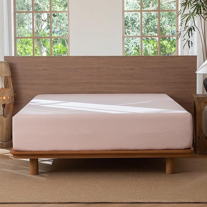 MooMee Fitted Bottom Sheet Only 100% Washed Cotton Linen Like Textured Breathable Durable Soft Comfy Deep Pocket Fits Mattress up to 17" (Greyish Pink, Queen)