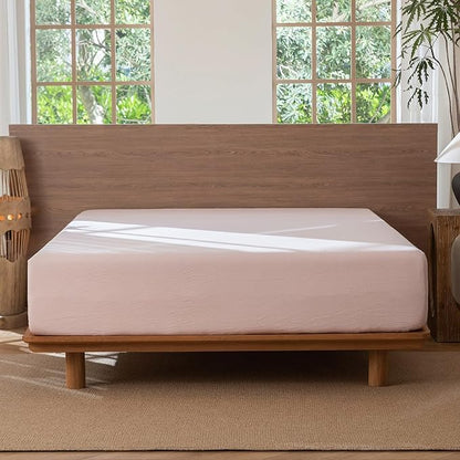 MooMee Fitted Bottom Sheet Only 100% Washed Cotton Linen Like Textured Breathable Durable Soft Comfy Deep Pocket Fits Mattress up to 17" (Greyish Pink, Queen)