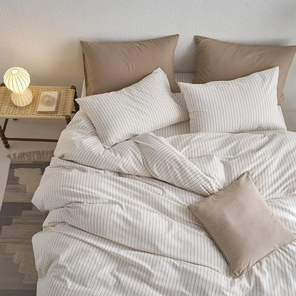 MooMee Striped Duvet Cover Set 100% Washed Cotton Linen Like Textured Breathable Durable Soft Comfy (White Tannish Linen Grey Wide Stripes, Oversized King Plus 128"x120")