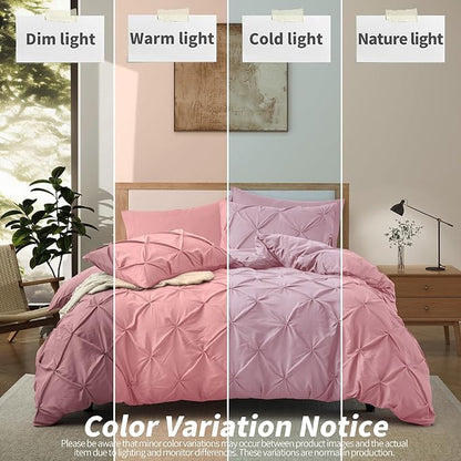 VACVELT 5 Piece Pinch Pleated Duvet Cover King Size Set, Pink Pintuck Duvet Cover with Zipper & 8 Ties, Shabby Chic Microfiber Duvet Cover + 2 Pillow Shams + 2 Pillowcases, No Comforter