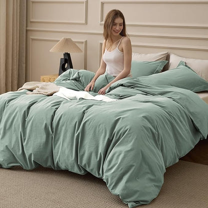 Bedsure 100% Washed Cotton Duvet Cover Queen Size - Iceberg Green Minimalist Bedding Set Linen Like - PureWoven Plain Simple & Soft Comforter Cover for All Seasons (Iceberg Green, Queen, 90"x90")