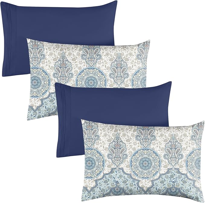 YIYEA Pillow Cases Standard Size Set of 4, Ultra Soft 1800TC Hotel Quality Double Brushed Microfiber Embroidered Pillowcases and Boho Pillow Covers, Envelope Closure, Fade Resistant (20"x26")