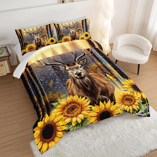 Deer Bedding Sets for Kids Boys Girls Room Decor,Hunting Themed Forest Sunflower Bedding Comforter Sets,Western Comforter Sets Woodland Camo King Bedding Set with 2 Pillowcases.