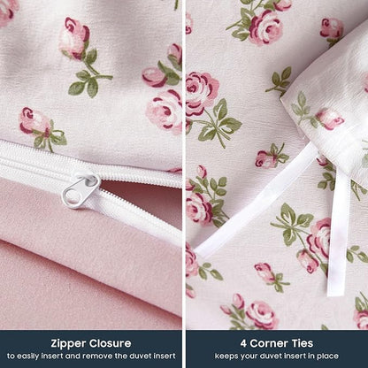 Wake In Cloud - Coquette Duvet Cover Set, Floral Cottagecore Flower Shabby Chic Cute Aesthetic, Soft Lightweight Bedding for Women Teen Girls, 3-Piece, Pink, Twin/Twin XL Size