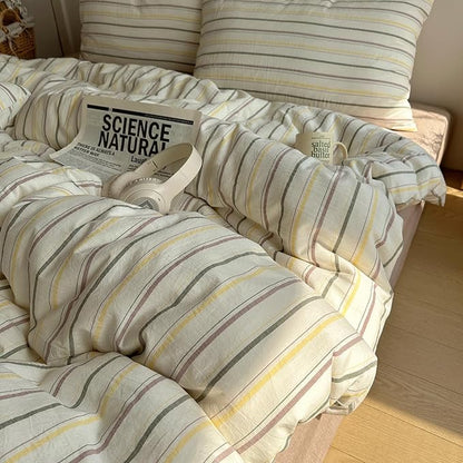EAVD Vintage Colorful Striped Comforter Set King Soft Cotton 3-Piece Retro Vertical Striped Bedding Set with 2 Pillowcases Boho Geometric Comforter Set for All-Season(Green&Yellow&Brown, King)