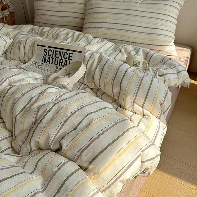 EAVD Vintage Colorful Striped Comforter Set Twin XL Soft Cotton 3-Piece Retro Vertical Striped Bedding Set with 2 Pillowcases Boho Geometric Comforter Set for All-Season(Green&Yellow&Brown, Twin XL)