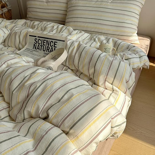 EAVD Vintage Colorful Striped Comforter Set Twin XL Soft Cotton 3-Piece Retro Vertical Striped Bedding Set with 2 Pillowcases Boho Geometric Comforter Set for All-Season(Green&Yellow&Brown, Twin XL)