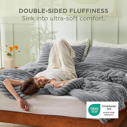 Bedsure Cal King Comforter Set - GentleSoft™ 3 Pieces Double-Side Fleece Fluffy Grey Comforter Set, Cozy Striped Room Decor Aesthetic, Luxury Cal King Bedding, 2 Pillowcases, 104x96 Inches