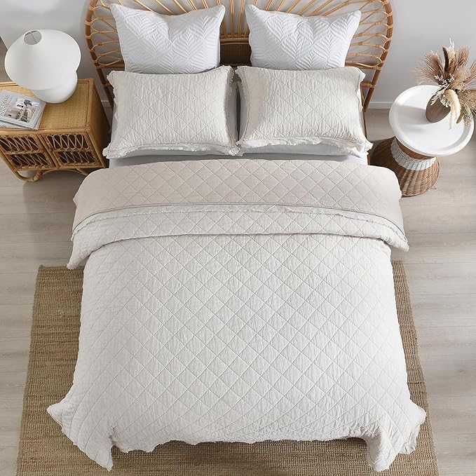 HORIMOTE HOME 100% Linen Front/100% Cotton Back Quilt Set Twin Size, Beige Pre-Washed European Flax Linen Quilt, Diamond Stitch Bedspread Coverlet Bedding Set 2-Piece for All Seasons