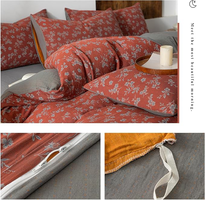 VM VOUGEMARKET Linen Cotton Duvet Cover Set Queen Size,Rust Red Floral Print, Double Layer Gauze, Soft Breathable Bedding Set with Zipper Closure, 3 Pieces (1 Duvet Cover + 2 Pillow Shams)