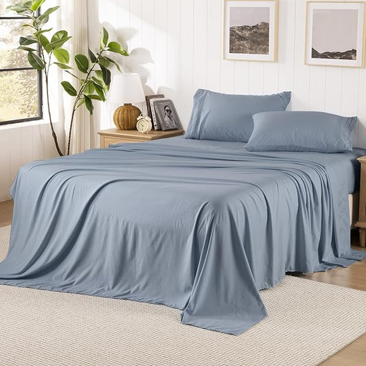 Blue Grey King Size Sheet Set, Pre-washed Microfiber Cotton-Like 4 Pcs Ultra Soft Bedding Set King, Breathable Cooling Skin-Friendly All Seasons, 1 Fitted, 1 Flat, 2 Pillowcases (Blue Grey, King)