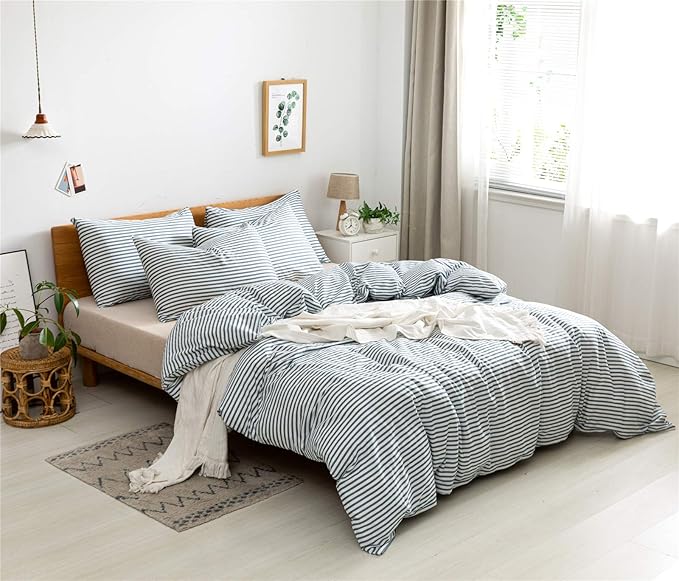 JELLYMONI 100% Natural Cotton 3pcs Striped Duvet Cover Sets,White Duvet Cover with Grayish Blue Stripes Pattern Printed Comforter Cover,with Zipper Closure & Corner Ties(King Size)