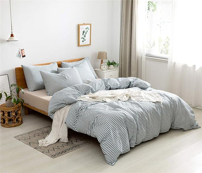 JELLYMONI 100% Natural Cotton 3pcs Striped Duvet Cover Sets,White Duvet Cover with Grayish Blue Stripes Pattern Printed Comforter Cover,with Zipper Closure & Corner Ties(King Size)
