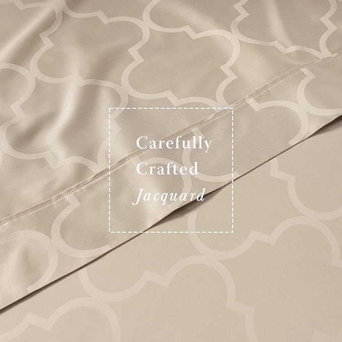 Threadmill Cotton Twin XL Sheet Set | 100% Cotton Sheets for Twin XL Size Bed | Damask Jacquard Sateen Twin XL Bed Sheets Set with 16” Deep Pocket | Soft Breathable 3-Piece Cooling Sheets | Beige