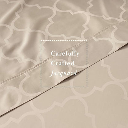 Threadmill Cotton Twin Sheet Set | 100% Cotton Sheets for Twin Size Bed | Damask Jacquard Sateen Twin Bed Sheets Set with 16” Deep Pocket | Soft Breathable 3-Piece Cooling Sheet Set | Beige