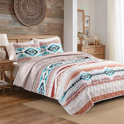HORIMOTE HOME Southwestern Aztec Quilt Set Queen/Full Size - 3-Piece Tribal Geometric Pattern Bedspread with 2 Pillow Shams, Boho Rustic Bedding Set All Season Quilted Coverlet （Terracotta/Teal）