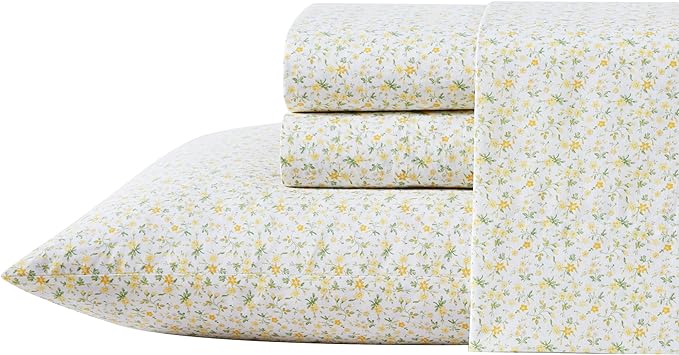 Laura Ashley - Twin Sheets, Cotton Percale Bedding Set, Lightweight & Breathable Home Decor, Dorm Room Essentials (Evie Yellow, Twin)