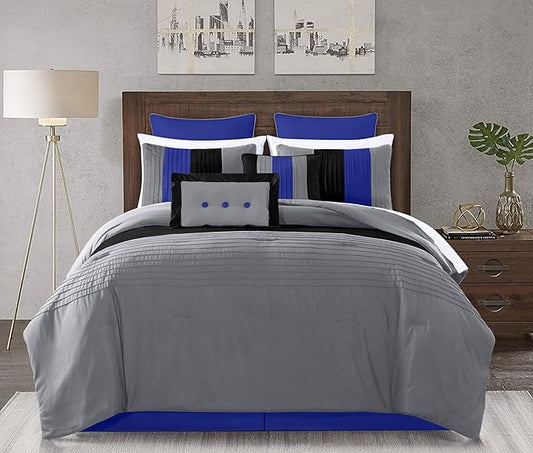 Chezmoi Collection Loft 8-Piece King Comforter Set, Gray/Blue/Black Luxury Striped Bedding for All Season