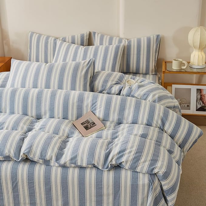 Blue Striped Duvet Cover Set Twin XL, 100% Washed Cotton Chic Stripes Pattern Printed Bedding Set, 3 Pieces Soft Breathable Duvet Cover Farmhouse Retro Striped Comforter Cover with Zipper Closure