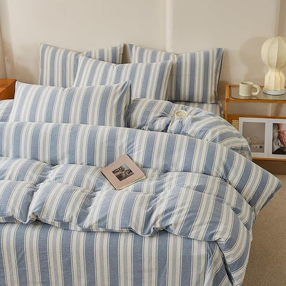 Retro Striped Duvet Cover Set Full Size, 100% Washed Cotton Blue White Stripes Pattern Printed Bedding Set, Vintage Striped Soft Breathable Duvet Cover with 2 Pillowcases Farmhouse Bedding Set Full